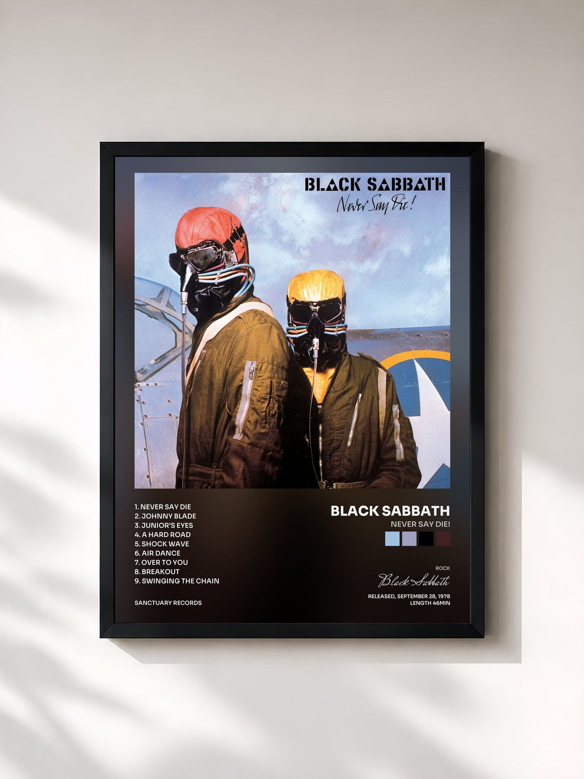 #noir Tableau de l'album Never Say Die! de Black Sabbath, cadre noir, imprimé et encadré en France