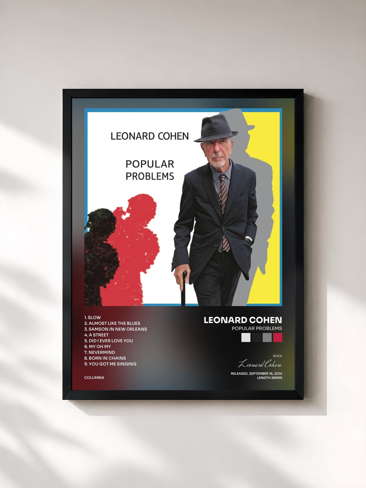 #noir Tableau de l'album Popular Problems de Leonard Cohen, cadre noir, imprimé et encadré en France