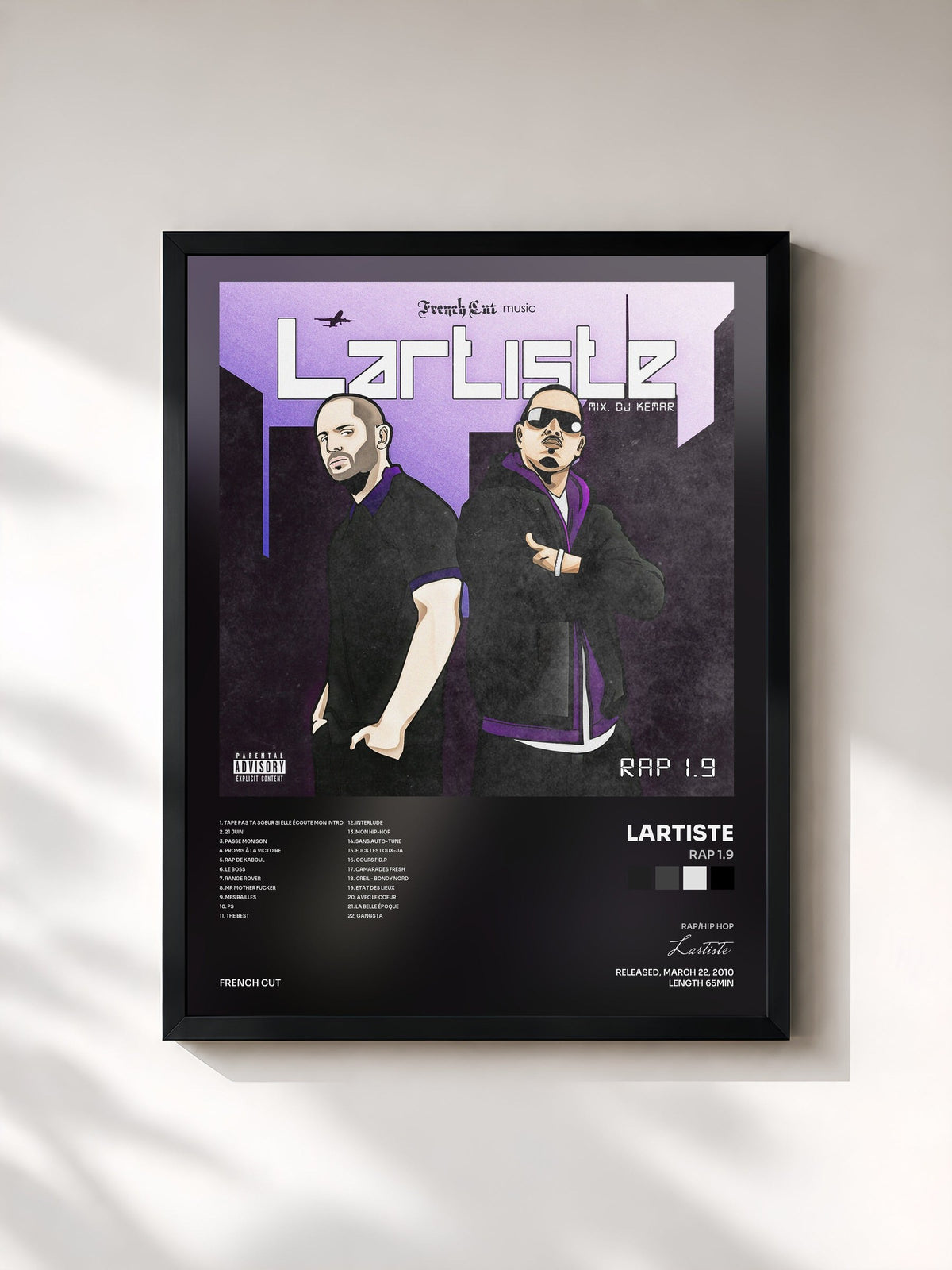 #noir Tableau de l'album Rap 1.9 de Lartiste, cadre noir, imprimé et encadré en France