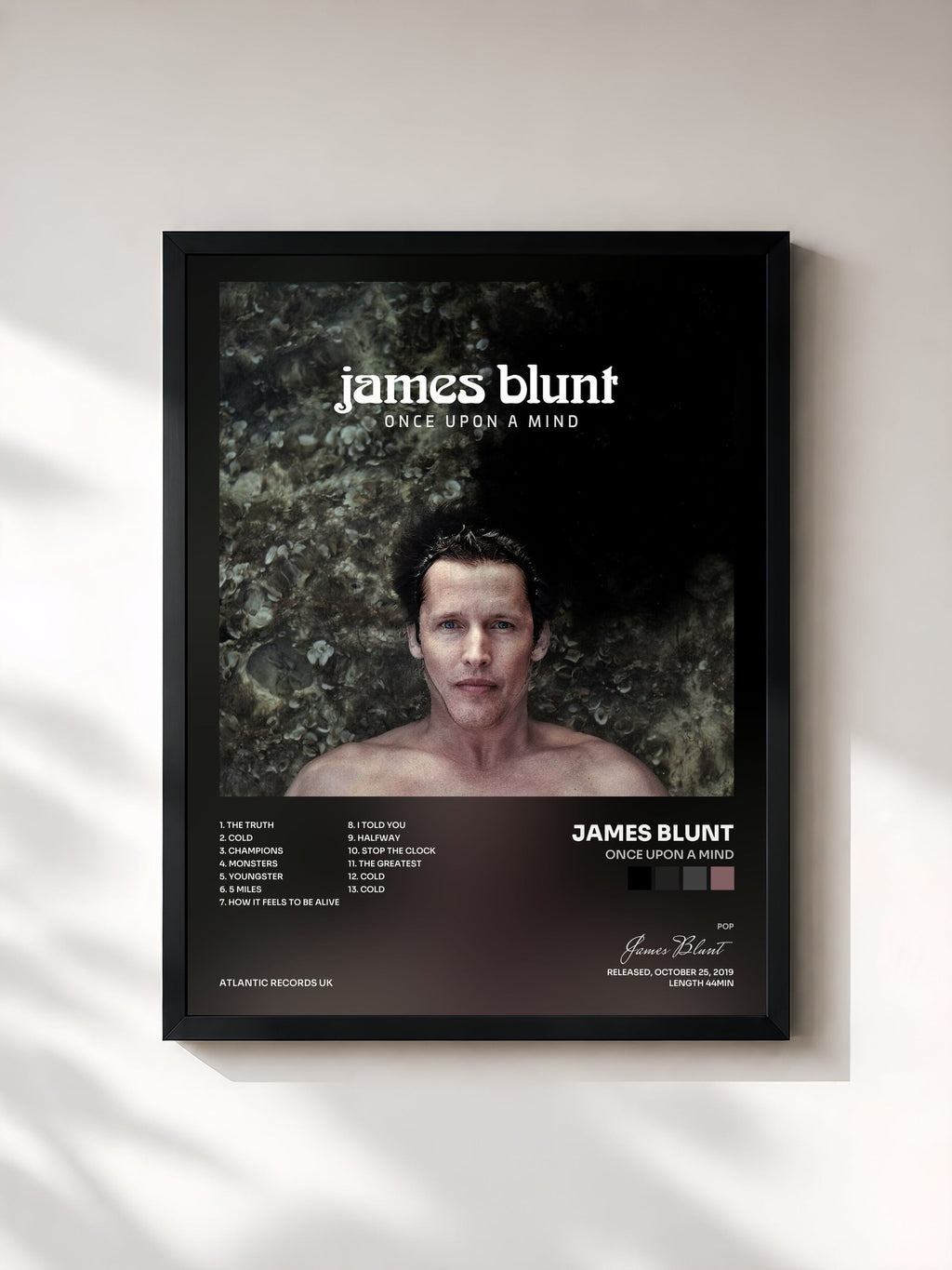 #noir Tableau de l'album Once Upon a Mind de James Blunt, cadre noir, imprimé et encadré en France