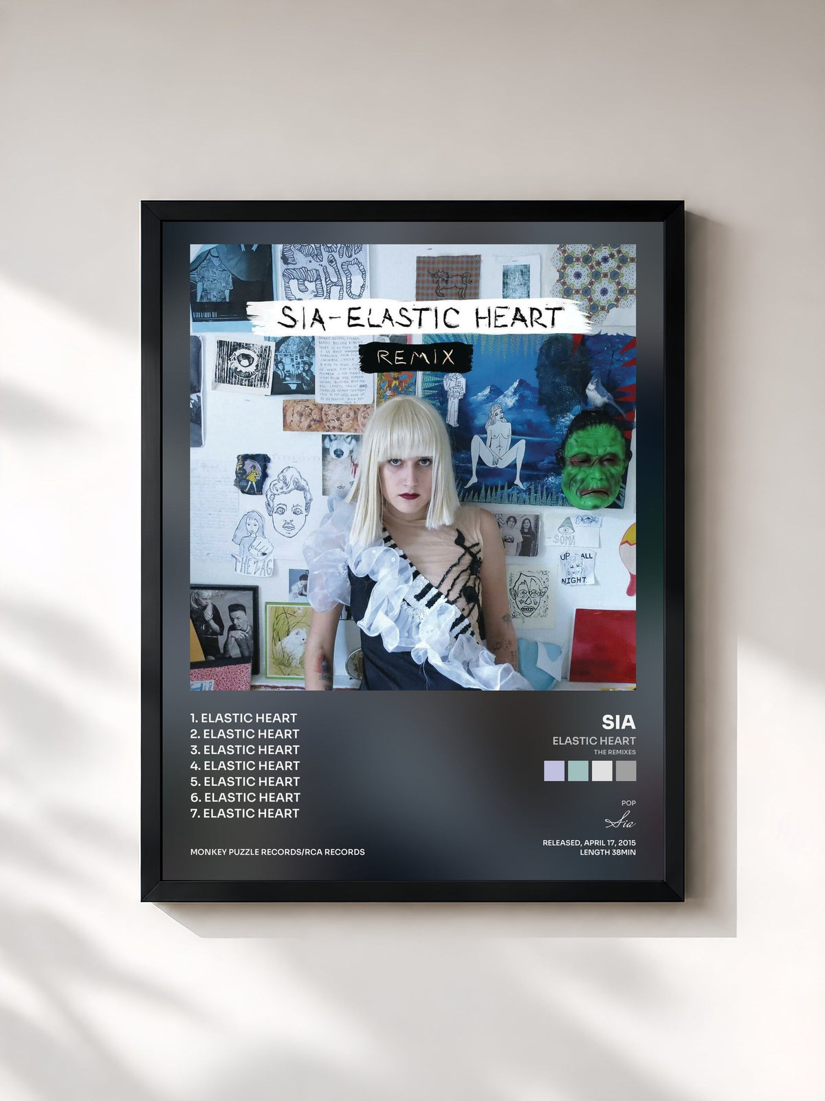 #noir Tableau de l'album Elastic Heart (The Remixes) de Sia, cadre noir, imprimé et encadré en France