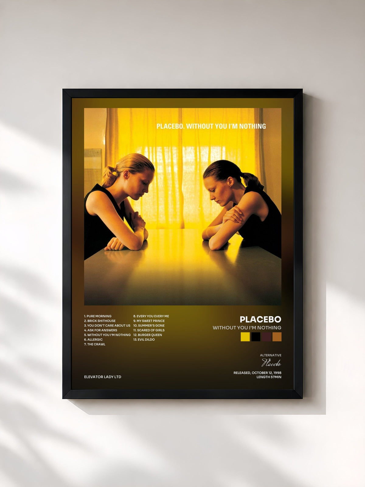 #noir Tableau de l'album Without You I'm Nothing de Placebo, cadre noir, imprimé et encadré en France