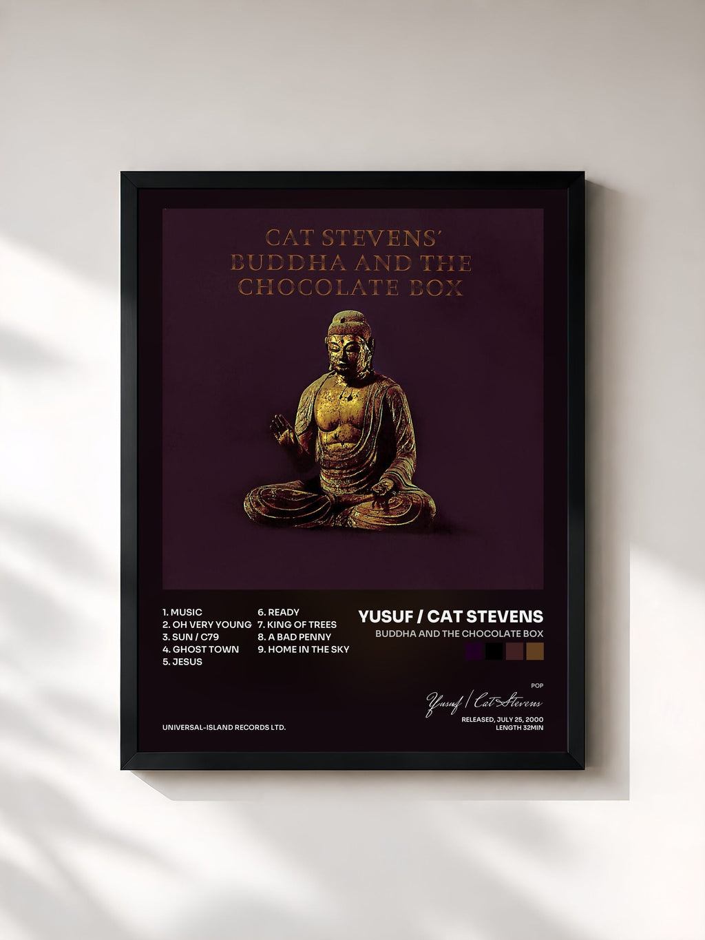 #noir Tableau de l'album Buddha And The Chocolate Box de Yusuf / Cat Stevens, cadre noir, imprimé et encadré en France