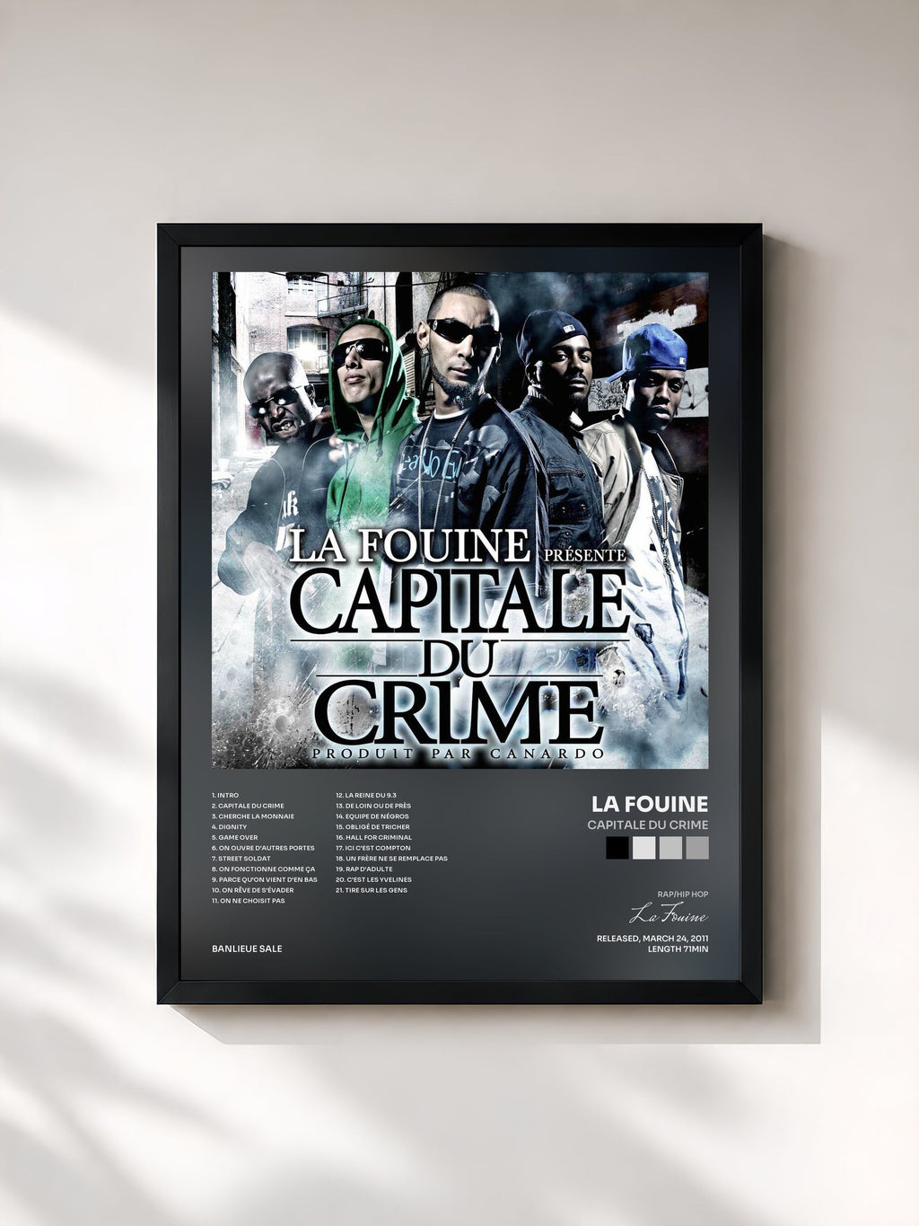 #noir Tableau de l'album Capitale Du Crime de La Fouine, cadre noir, imprimé et encadré en France