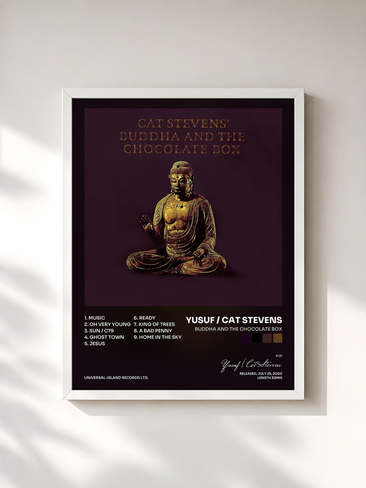 #blanc Tableau de l'album Buddha And The Chocolate Box de Yusuf / Cat Stevens, cadre blanc, imprimé et encadré en France