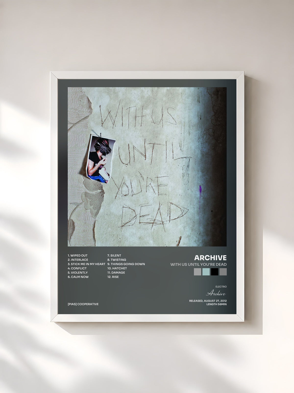 #blanc Tableau de l'album With Us Until You're Dead de Archive, cadre blanc, imprimé et encadré en France