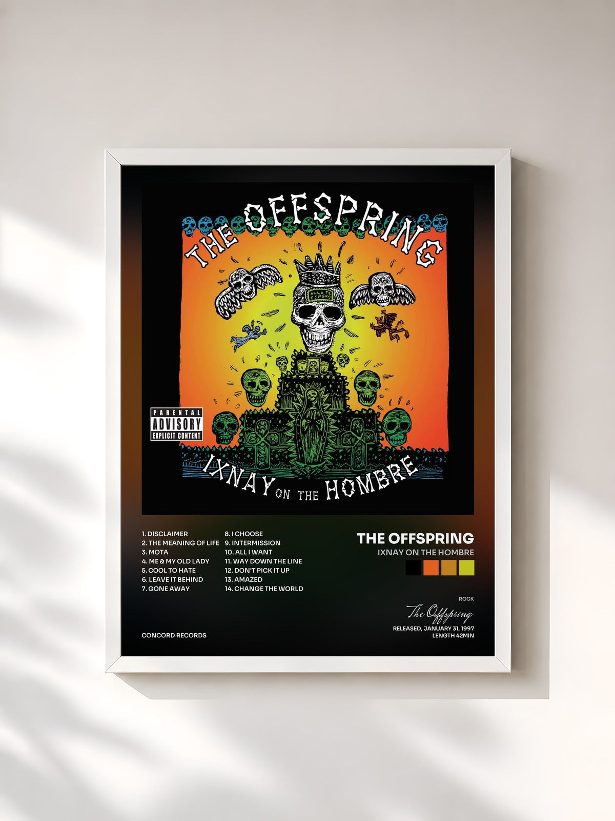 #blanc Tableau de l'album Ixnay On The Hombre de The Offspring, cadre blanc, imprimé et encadré en France