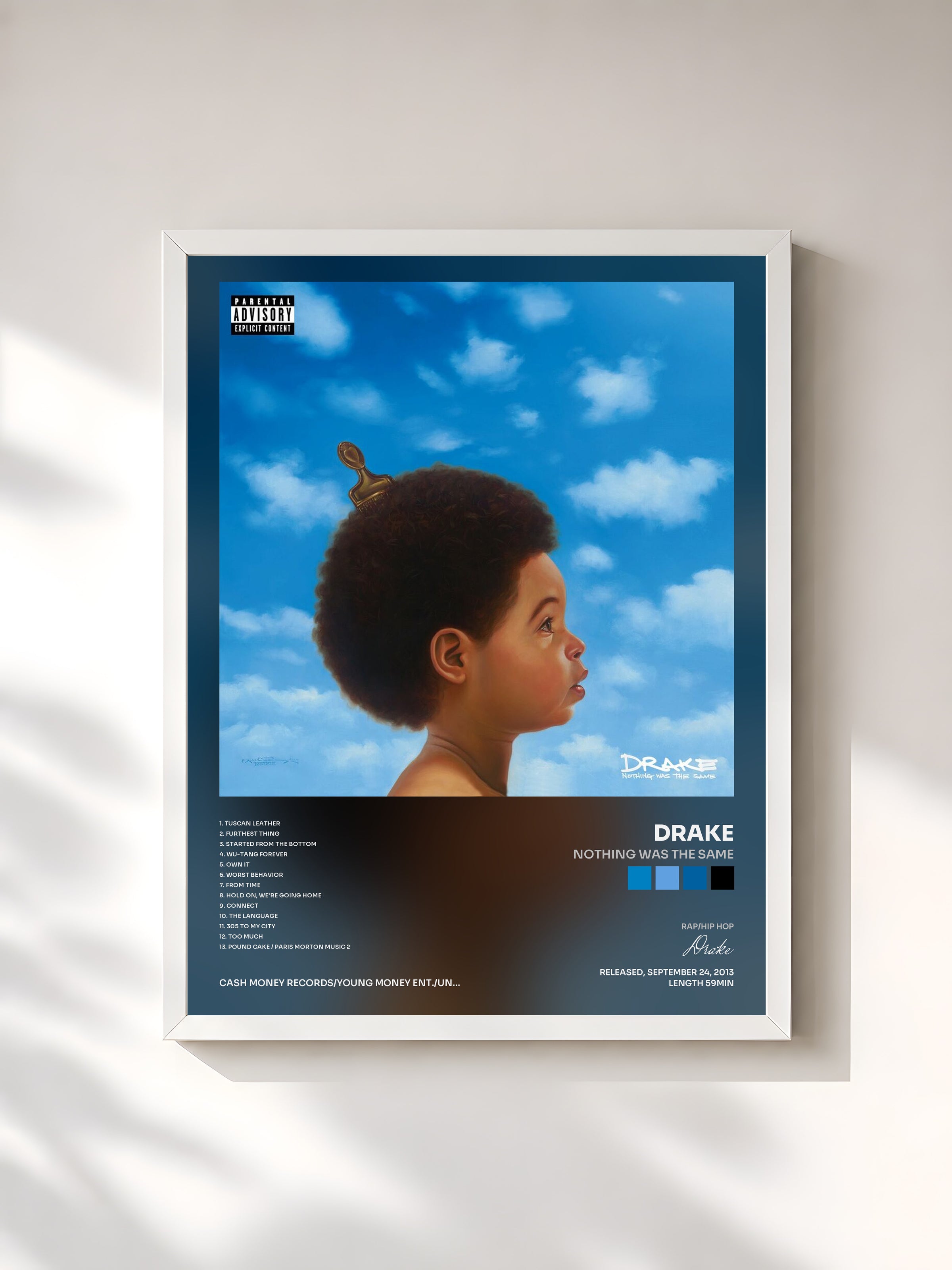 #blanc Nothing Was The Same by Drake as a framed art print, white frame, printed and framed in France