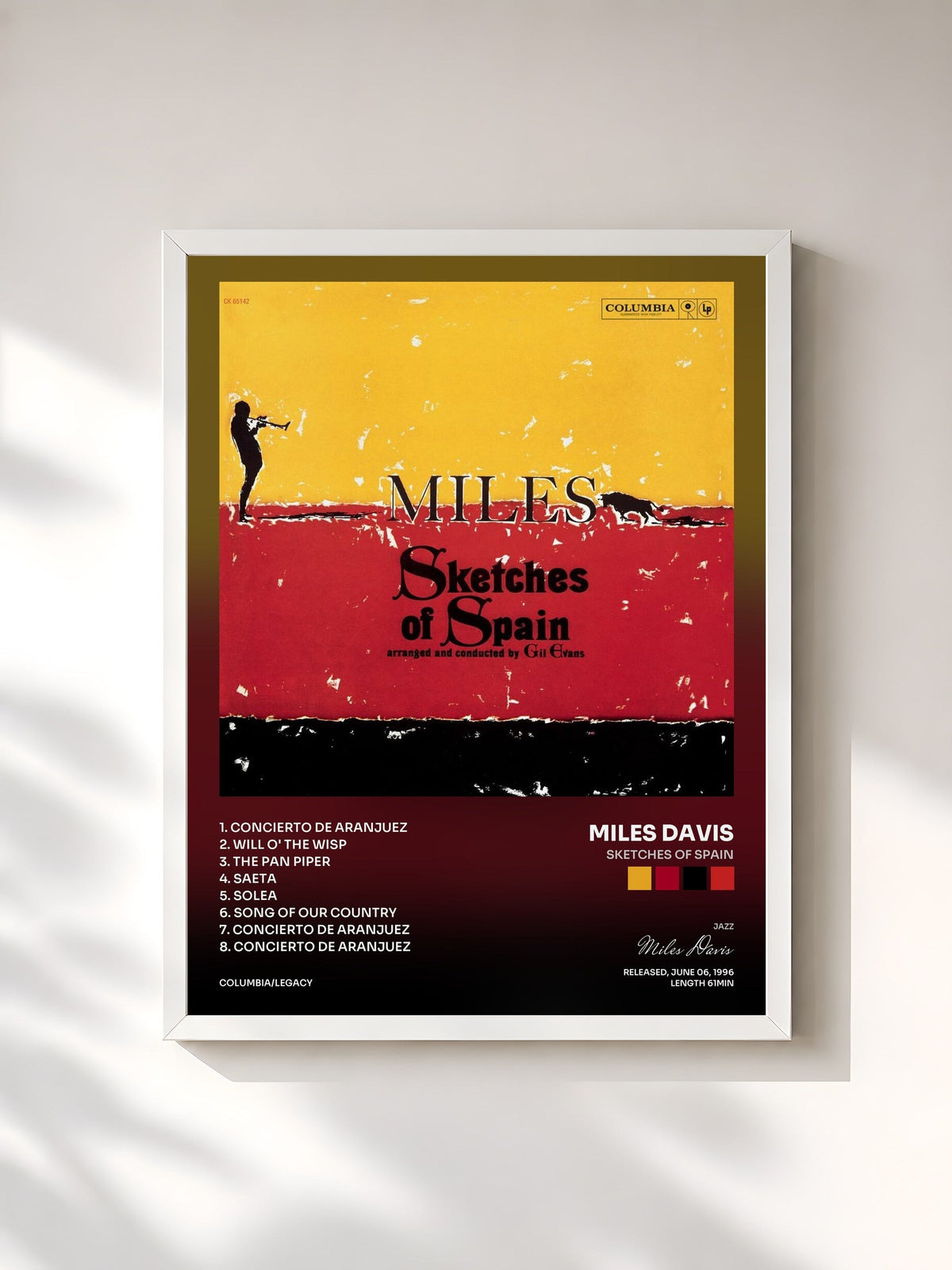 #blanc Tableau de l'album Sketches Of Spain de Miles Davis, cadre blanc, imprimé et encadré en France