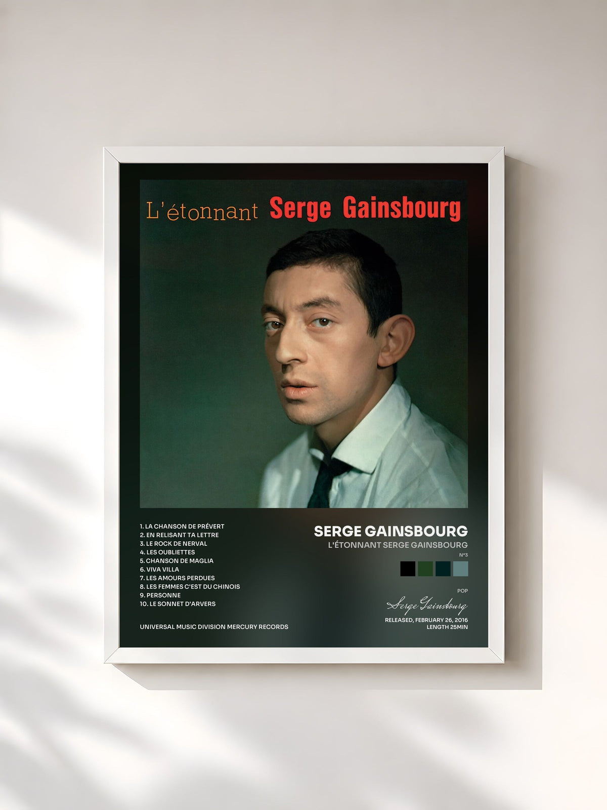 #blanc Tableau de l'album L'étonnant Serge Gainsbourg (N°3) de Serge Gainsbourg, cadre blanc, imprimé et encadré en France