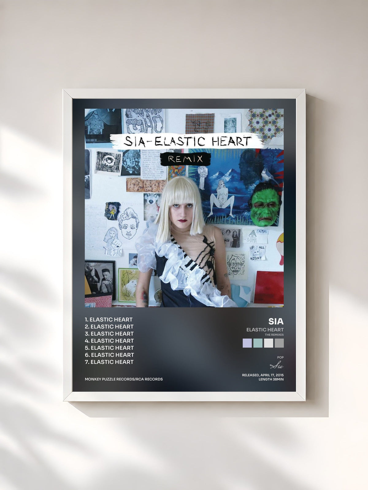 #blanc Tableau de l'album Elastic Heart (The Remixes) de Sia, cadre blanc, imprimé et encadré en France