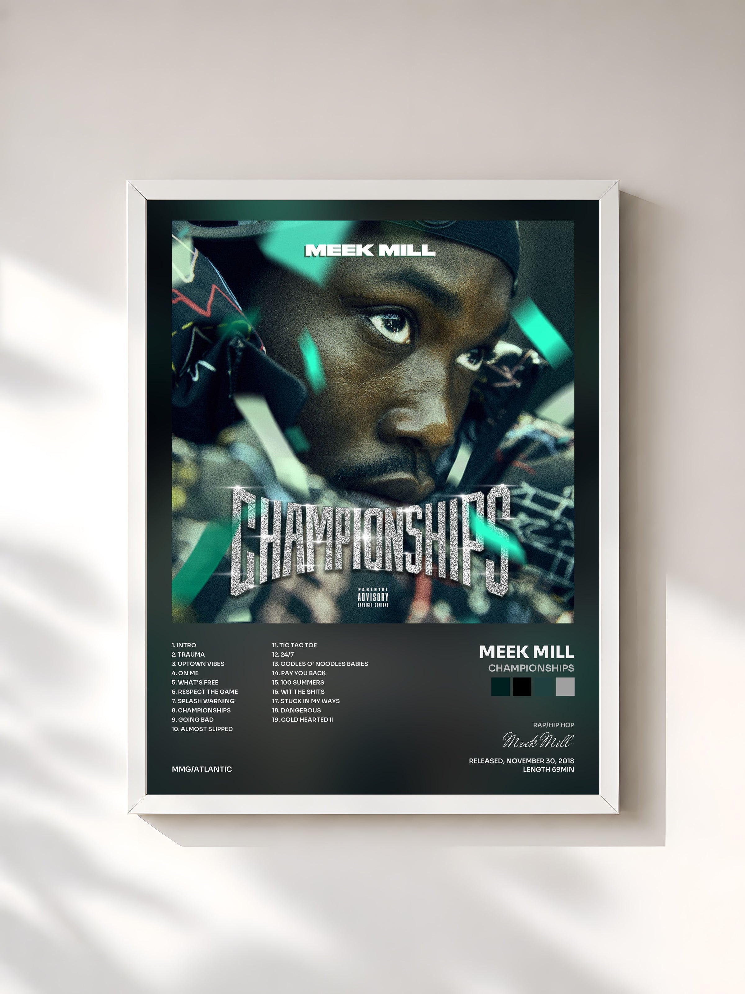 #blanc Tableau de l'album Championships de Meek Mill, cadre blanc, imprimé et encadré en France