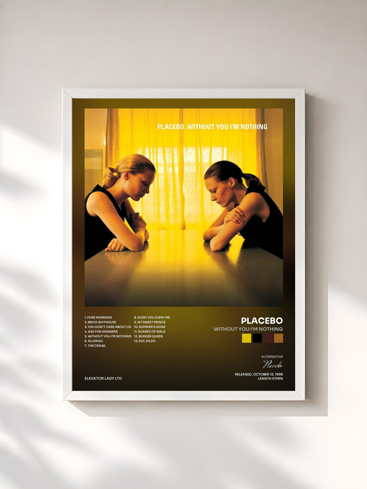 #blanc Tableau de l'album Without You I'm Nothing de Placebo, cadre blanc, imprimé et encadré en France