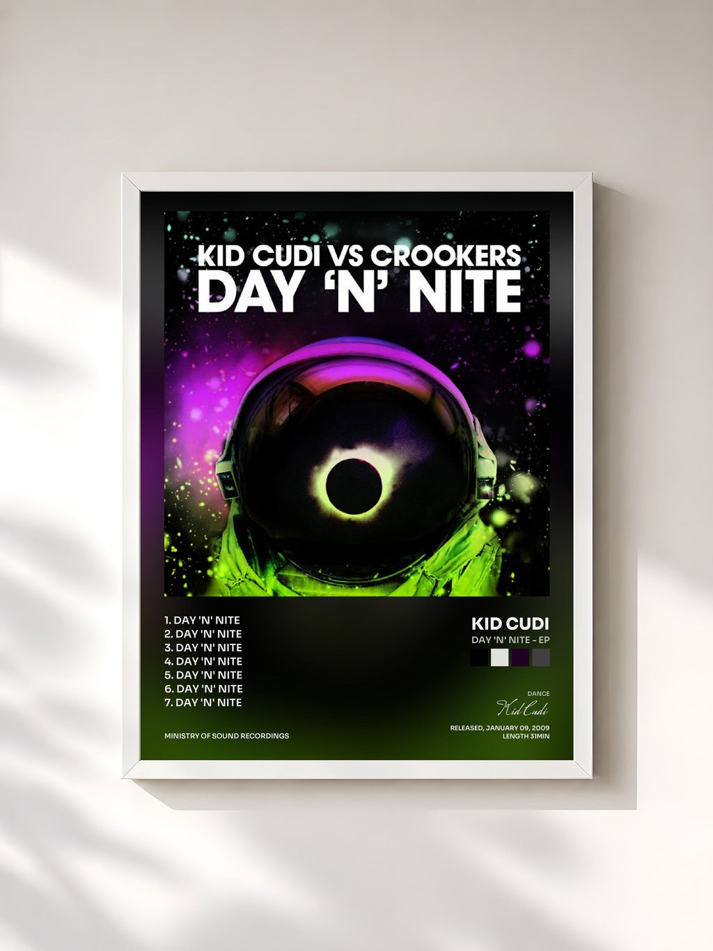 #blanc Tableau de l'album Day 'n' Nite - EP de Kid Cudi, cadre blanc, imprimé et encadré en France