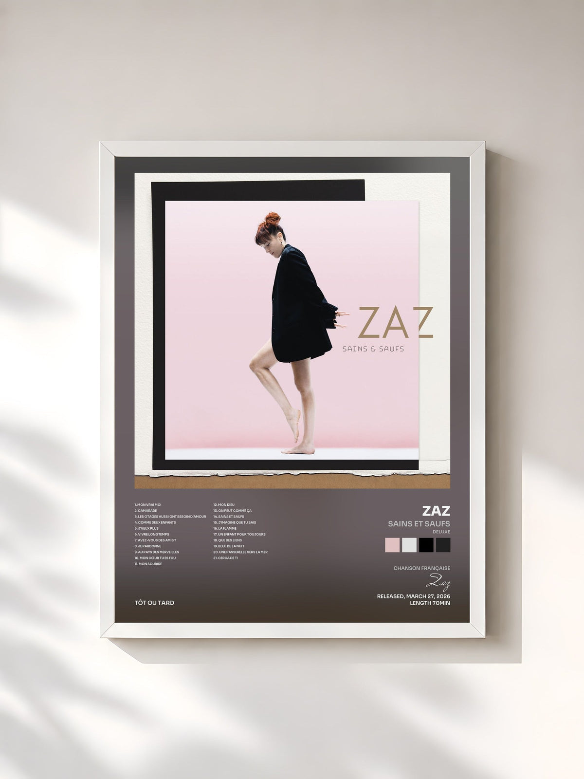 #blanc Sains et saufs (Deluxe) de Zaz en lámina enmarcada, marco blanco, impresa y enmarcada en Francia