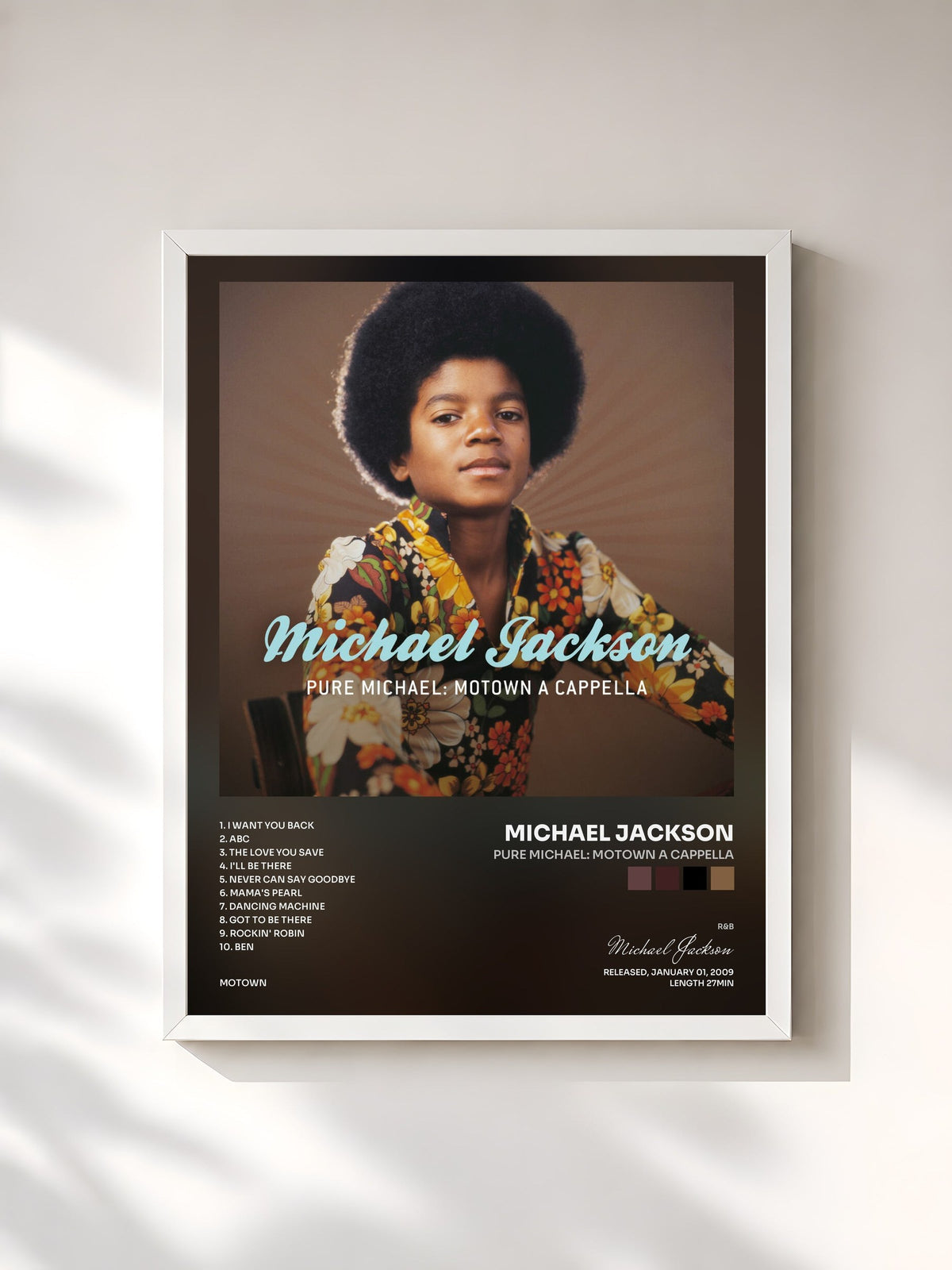 #blanc Tableau de l'album Pure Michael: Motown A Cappella de Michael Jackson, cadre blanc, imprimé et encadré en France