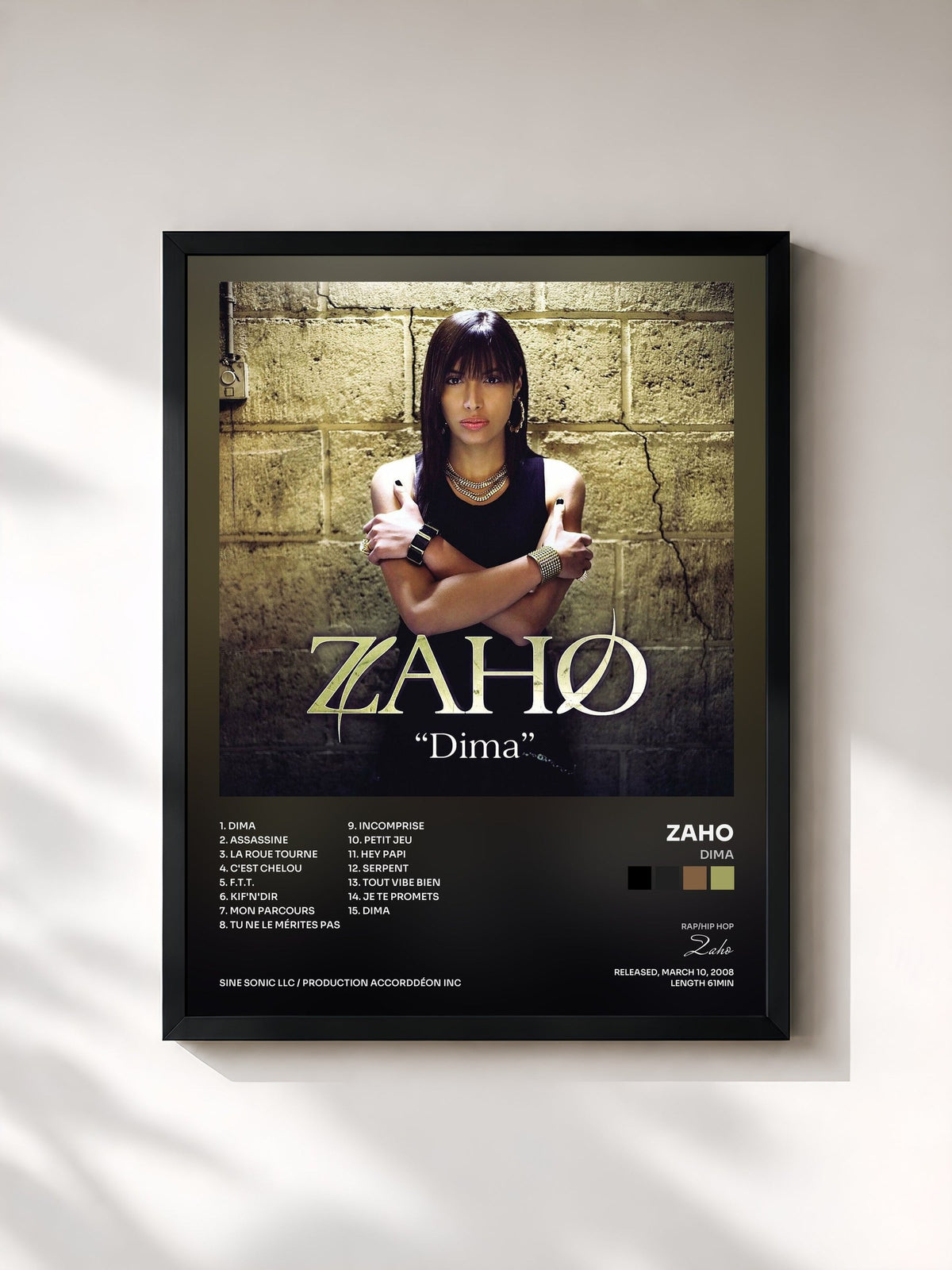#noir Tableau de l'album Dima de Zaho, cadre noir, imprimé et encadré en France