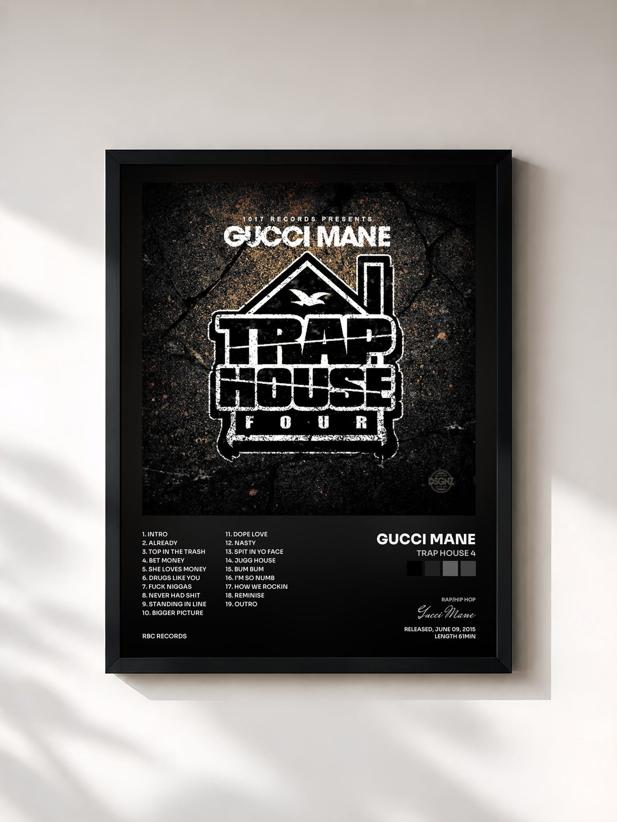 #noir Tableau de l'album Trap House 4 de Gucci Mane, cadre noir, imprimé et encadré en France