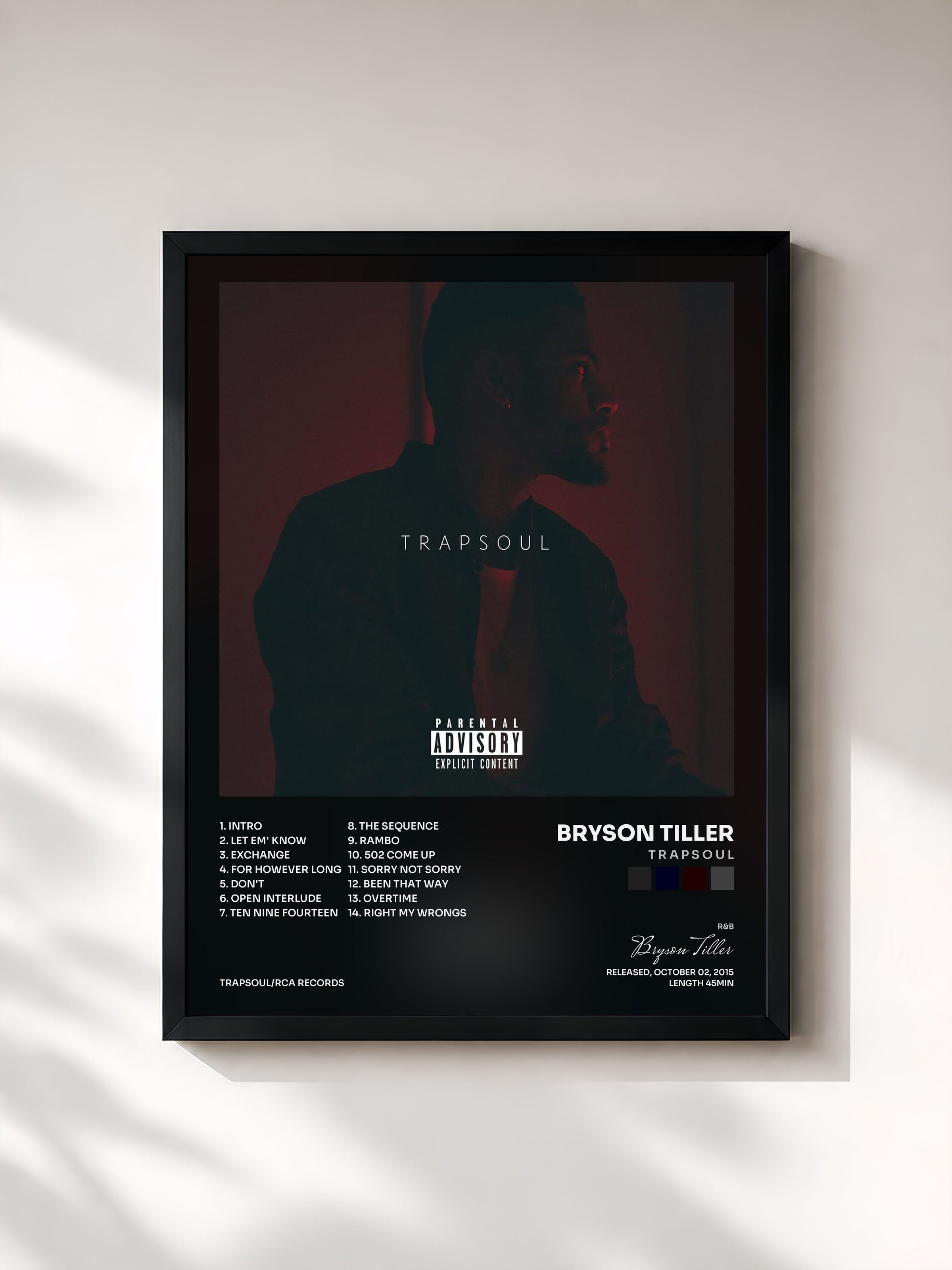 #noir Tableau de l'album T R A P S O U L de Bryson Tiller, cadre noir, imprimé et encadré en France