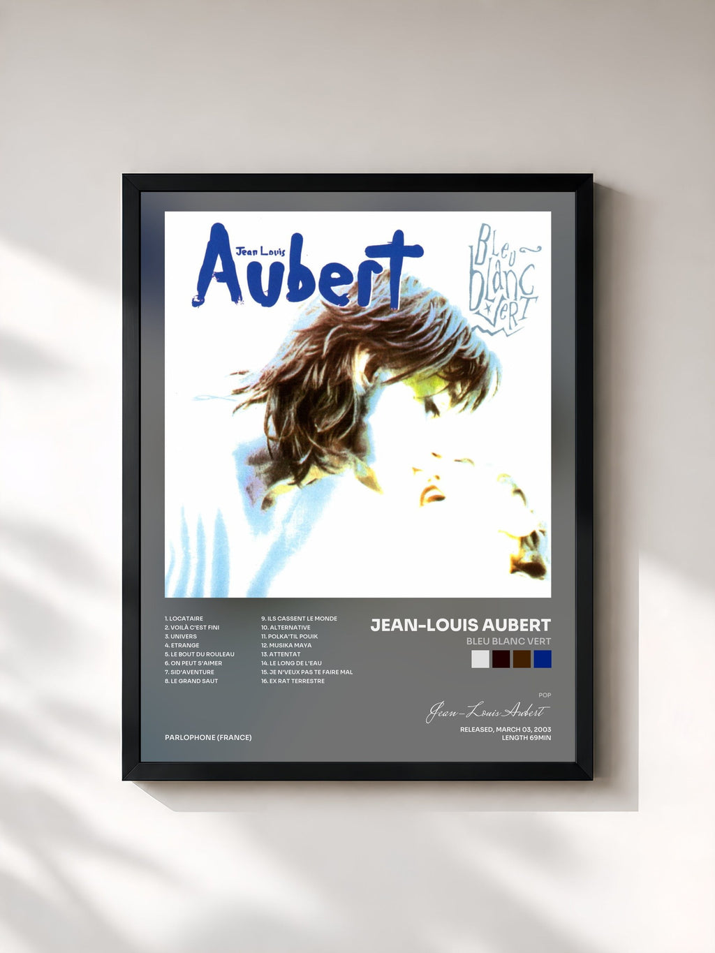 #noir Tableau de l'album bleu blanc vert de Jean-Louis Aubert, cadre noir, imprimé et encadré en France