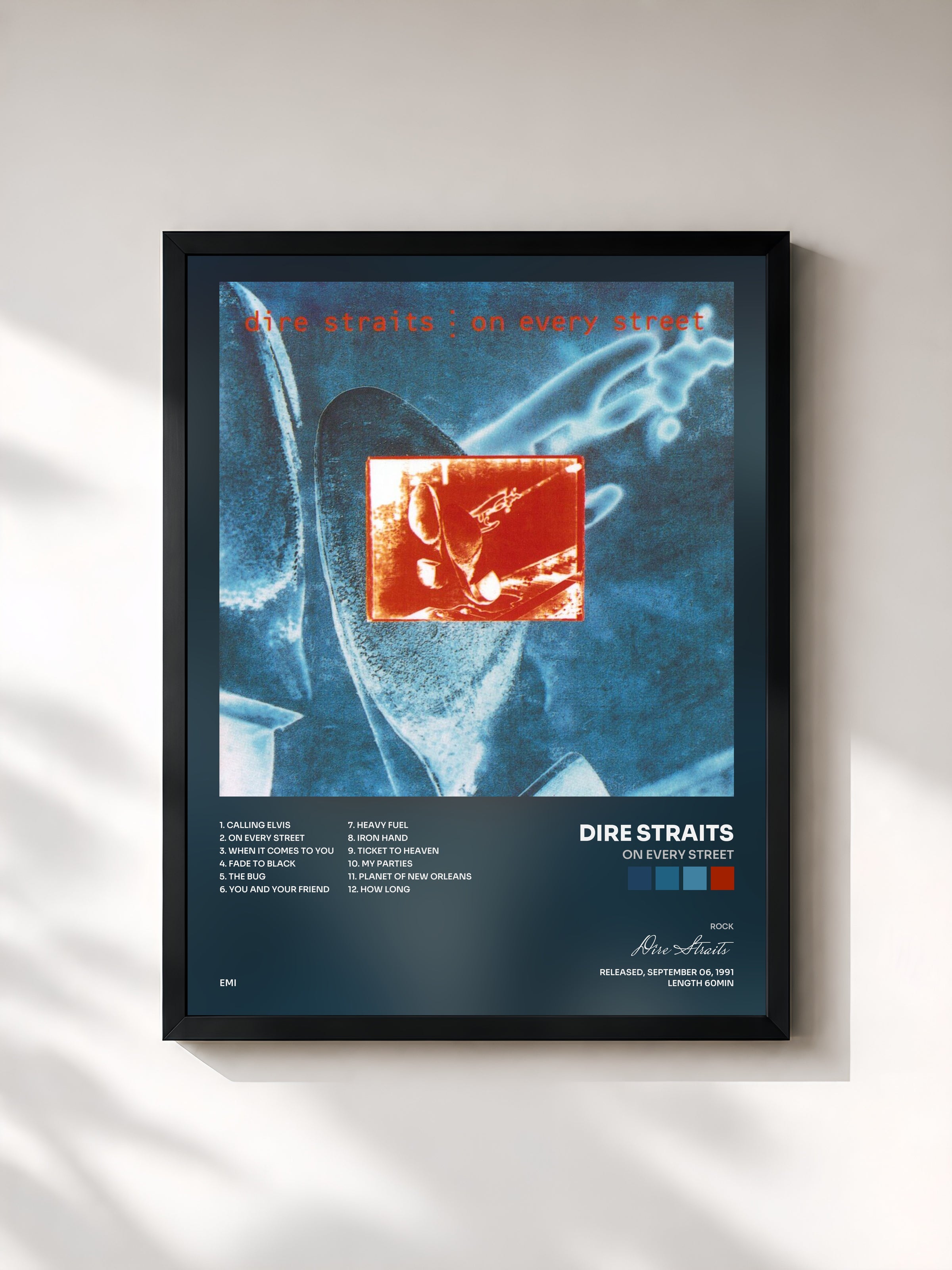 #noir On Every Street by Dire Straits as a framed art print, black frame, printed and framed in France