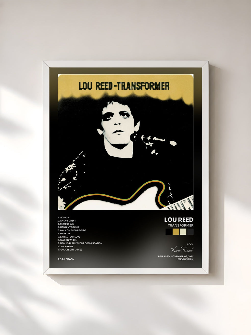 #blanc Tableau de l'album Transformer de Lou Reed, cadre blanc, imprimé et encadré en France