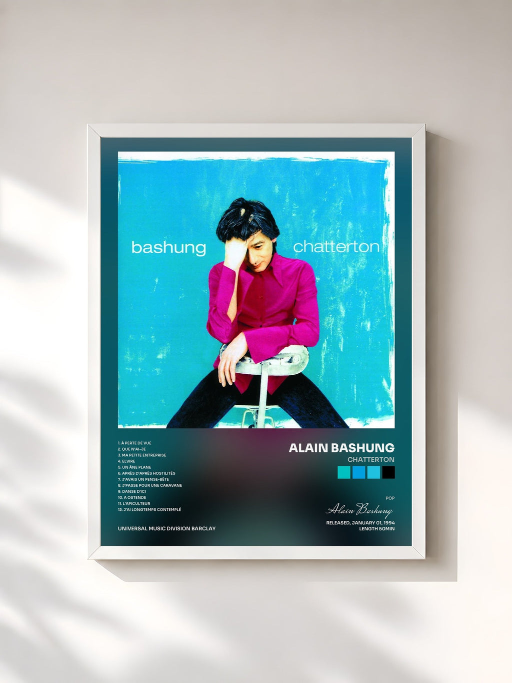 #blanc Chatterton by Alain Bashung as a framed art print, white frame, printed and framed in France