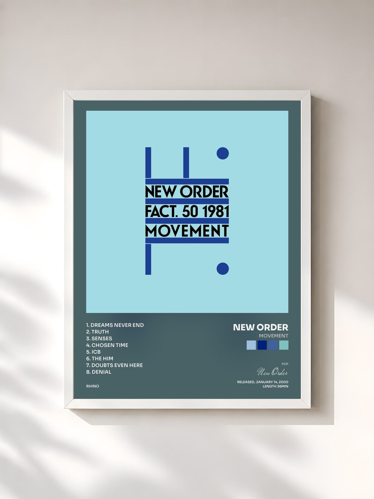#blanc Movement di New Order in stampa incorniciata, cornice bianca, stampata e incorniciata in Francia