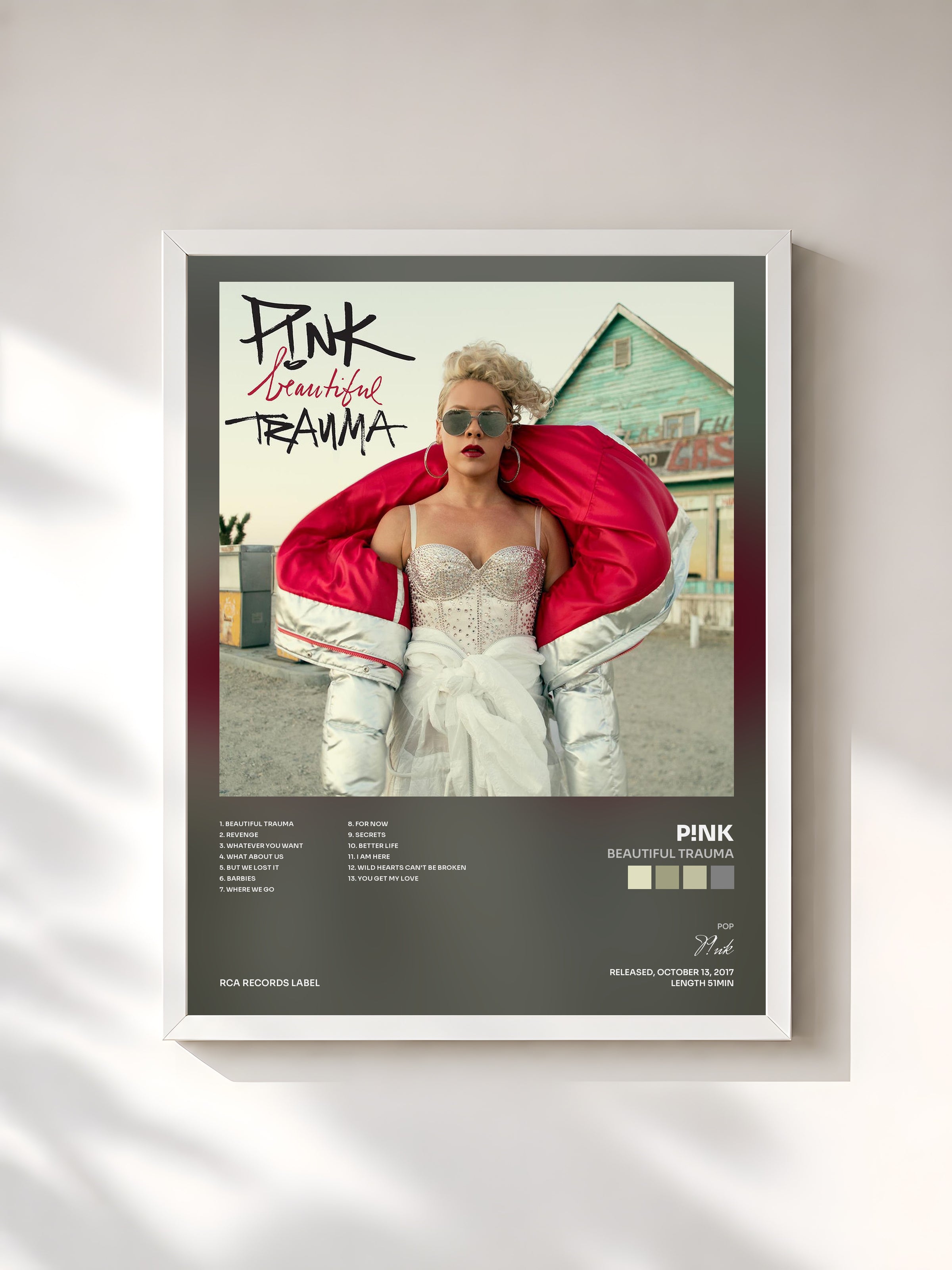 #blanc Tableau de l'album Beautiful Trauma de P!nk, cadre blanc, imprimé et encadré en France