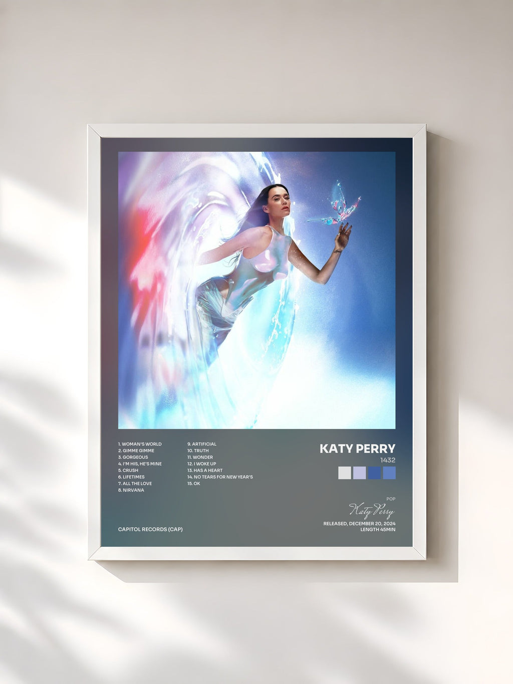 #blanc Tableau de l'album 1432 de Katy Perry, cadre blanc, imprimé et encadré en France