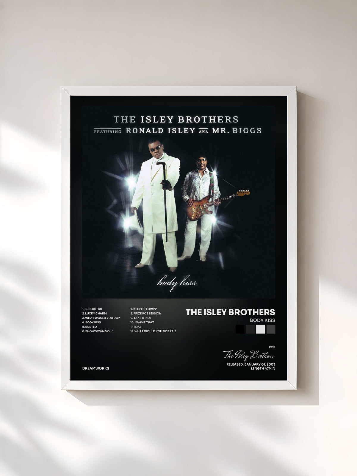 #blanc Tableau de l'album Body Kiss de The Isley Brothers, cadre blanc, imprimé et encadré en France