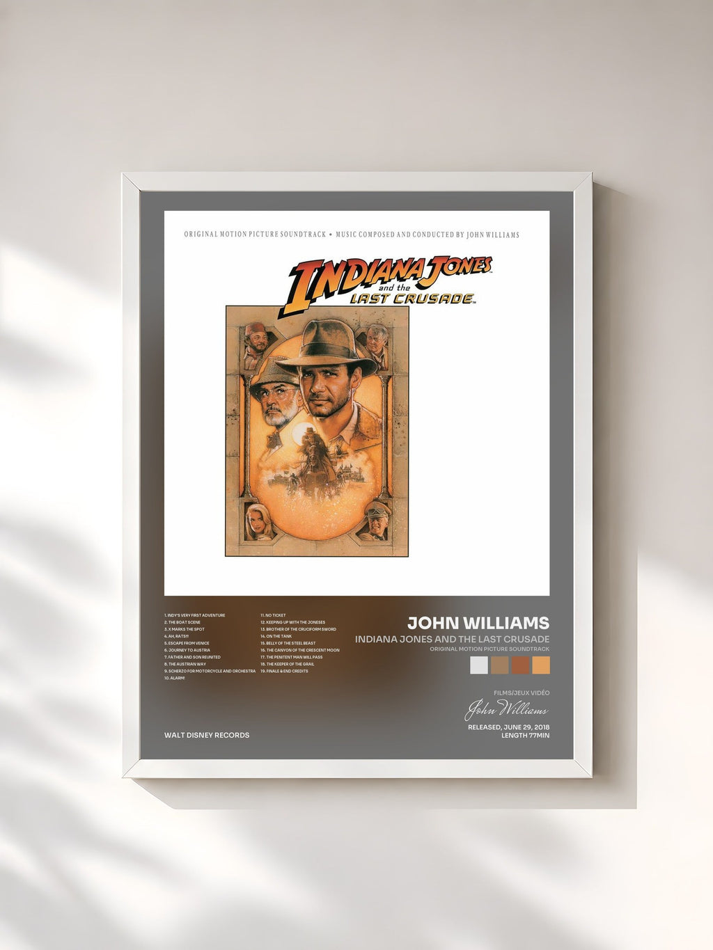 #blanc Indiana Jones and the Last Crusade (Original Motion Picture Soundtrack) de John Williams en lámina enmarcada, marco blanco, impresa y enmarcada en Francia