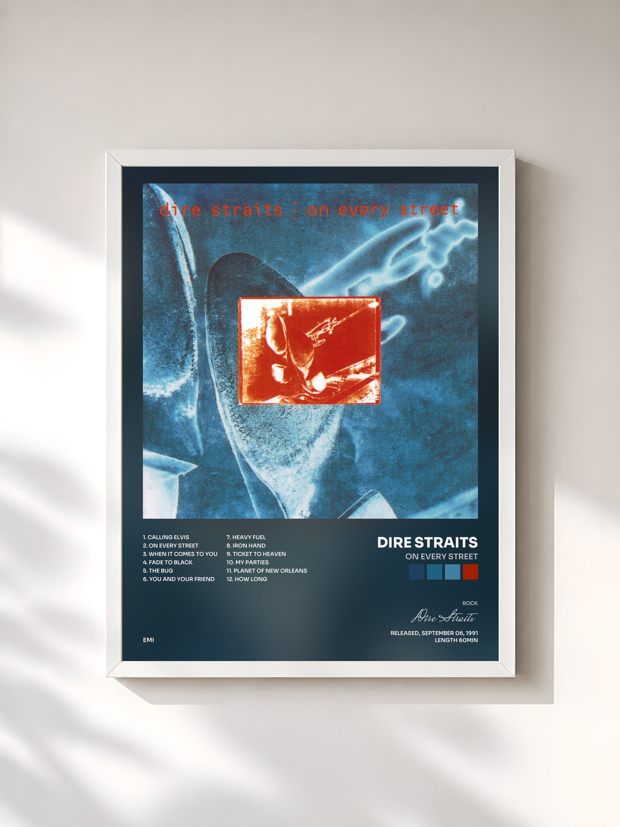 #blanc On Every Street by Dire Straits as a framed art print, white frame, printed and framed in France