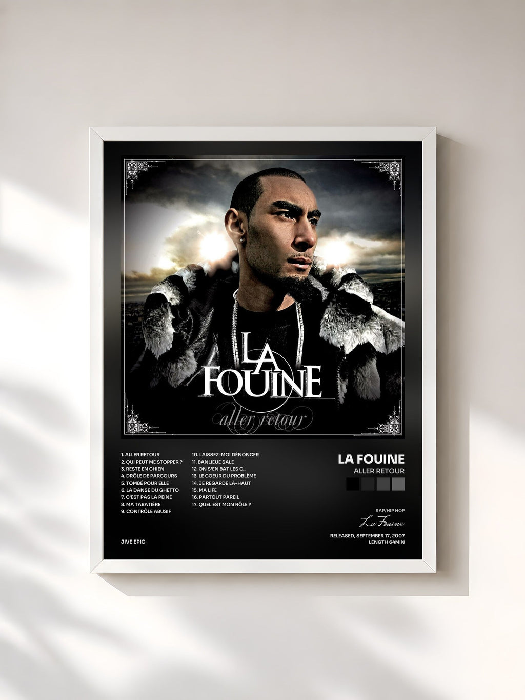 #blanc Tableau de l'album Aller Retour de La Fouine, cadre blanc, imprimé et encadré en France