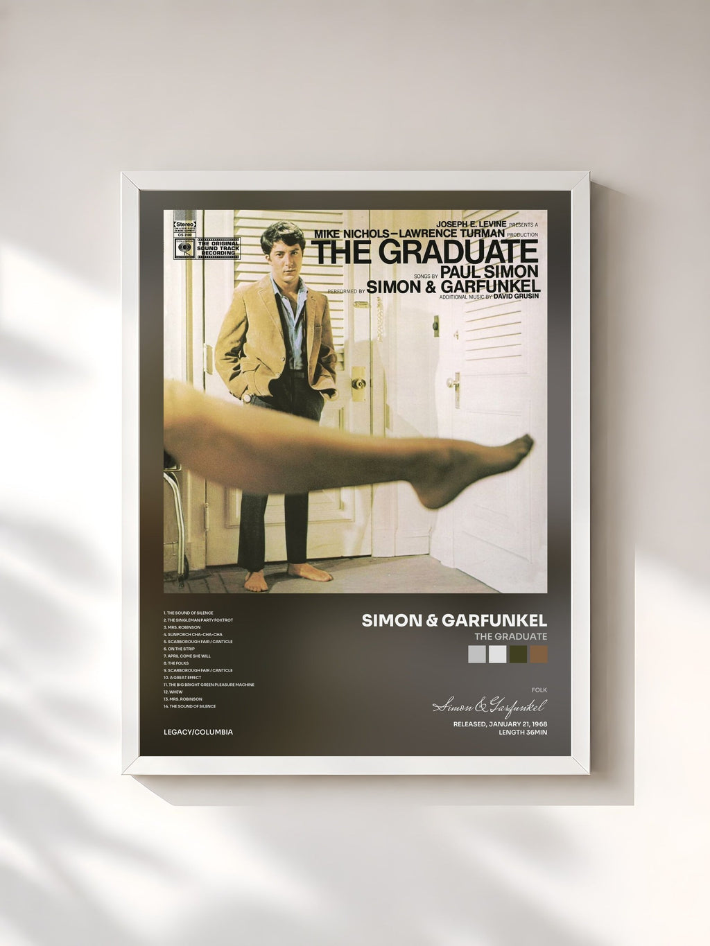 #blanc Tableau de l'album The Graduate de Simon & Garfunkel, cadre blanc, imprimé et encadré en France