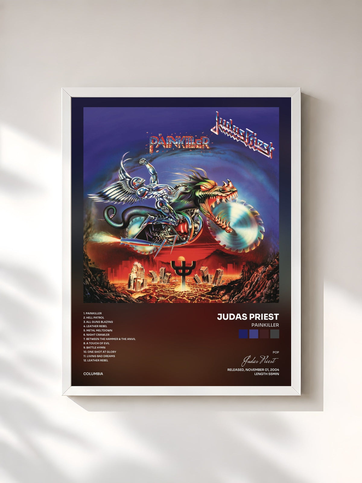 #blanc Tableau de l'album Painkiller de Judas Priest, cadre blanc, imprimé et encadré en France