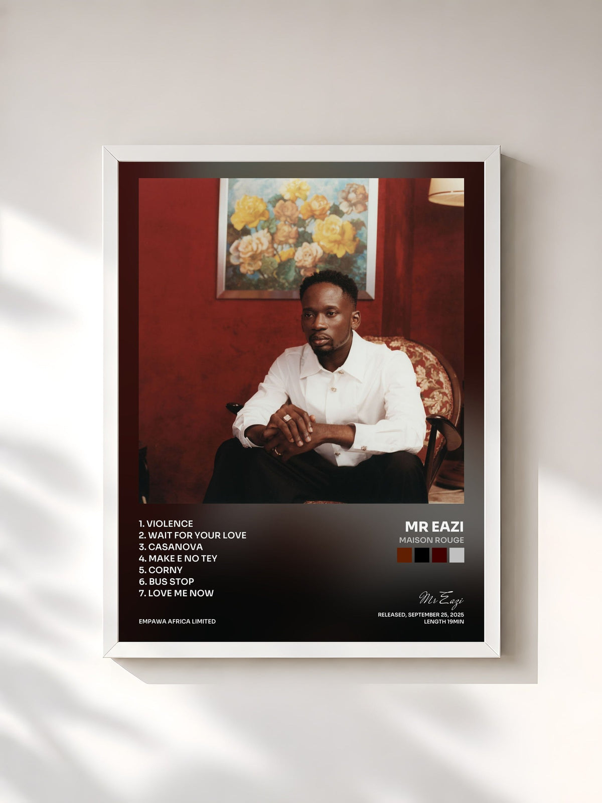 #blanc Tableau de l'album Maison Rouge de Mr Eazi, cadre blanc, imprimé et encadré en France