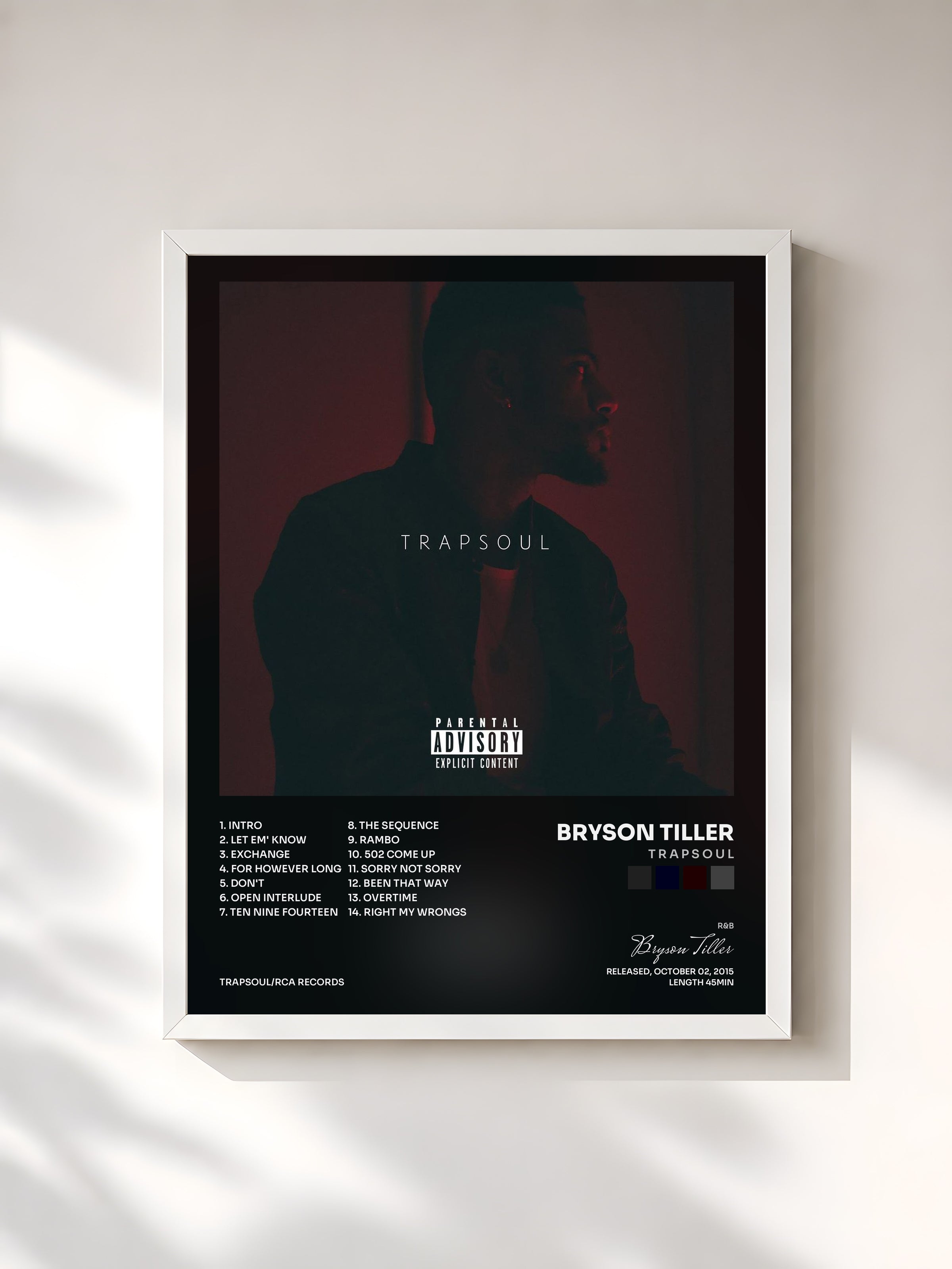 #blanc Tableau de l'album T R A P S O U L de Bryson Tiller, cadre blanc, imprimé et encadré en France