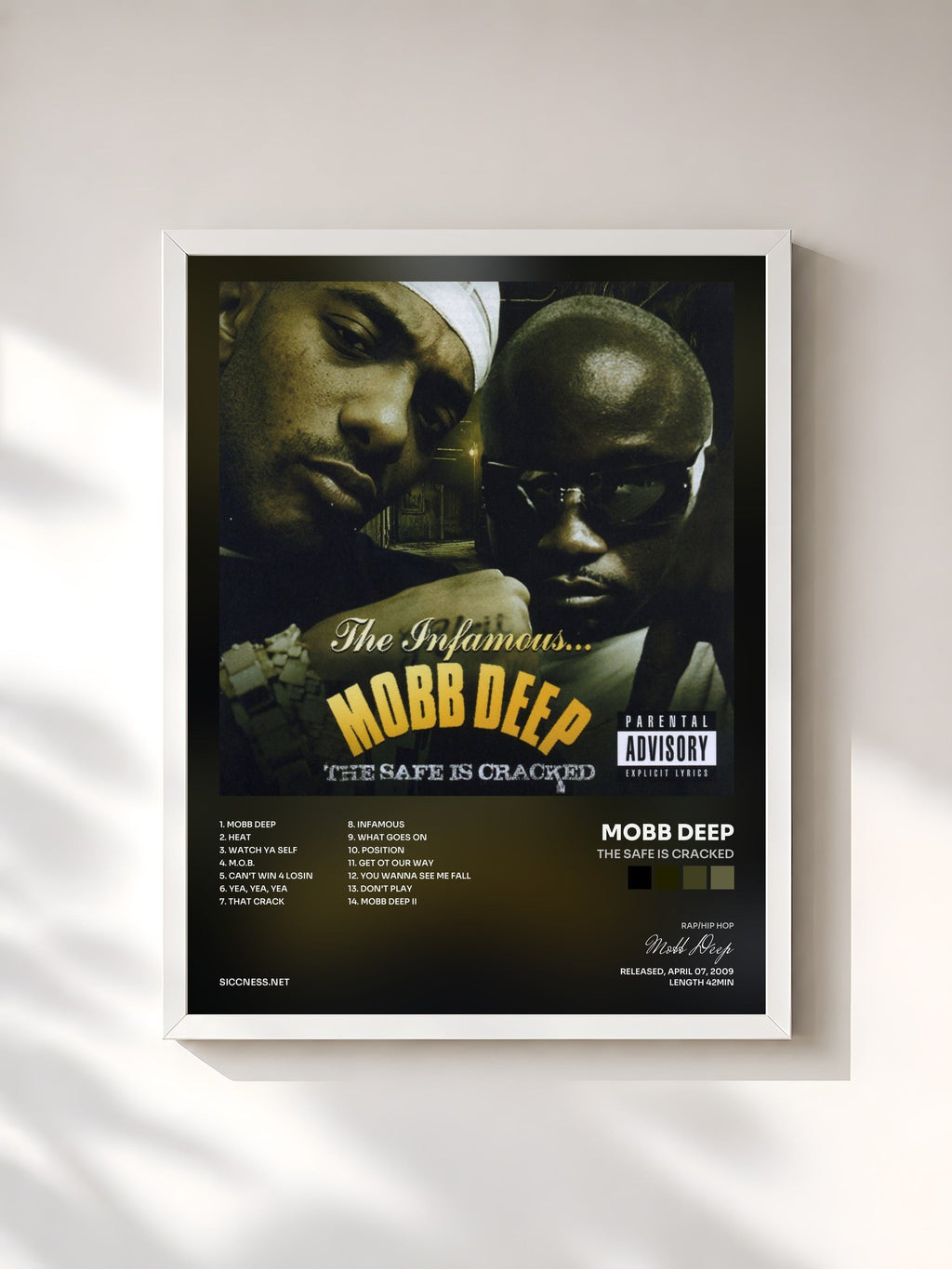 #blanc Tableau de l'album The Safe Is Cracked de Mobb Deep, cadre blanc, imprimé et encadré en France