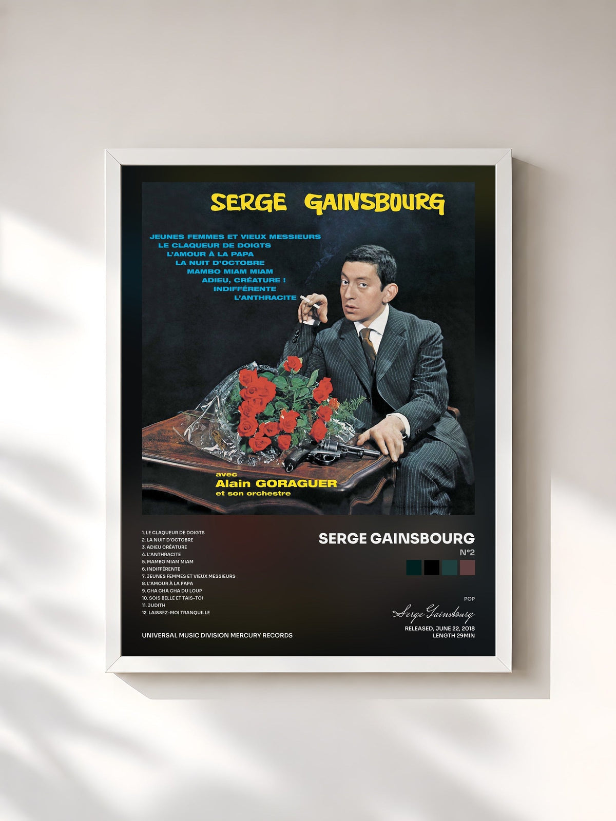 #blanc Tableau de l'album N°2 de Serge Gainsbourg, cadre blanc, imprimé et encadré en France
