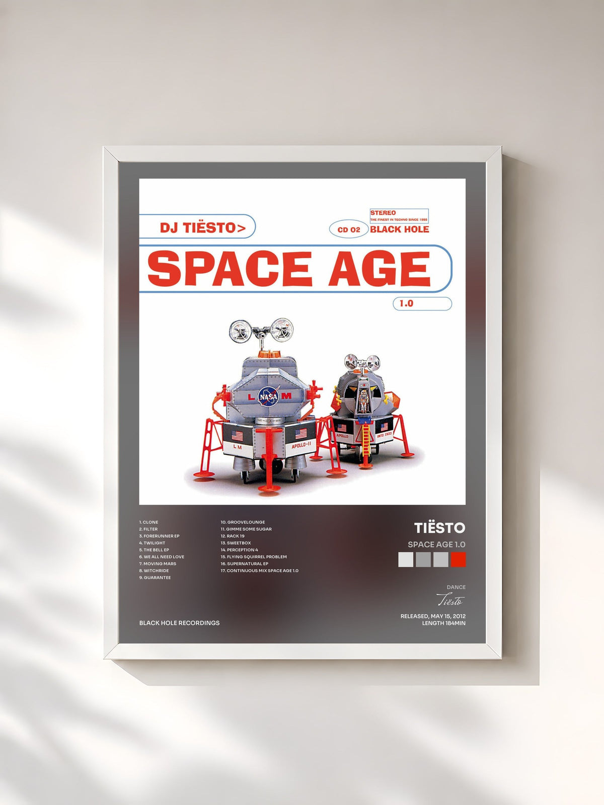 #blanc Tableau de l'album Space Age 1.0 de Tiësto, cadre blanc, imprimé et encadré en France