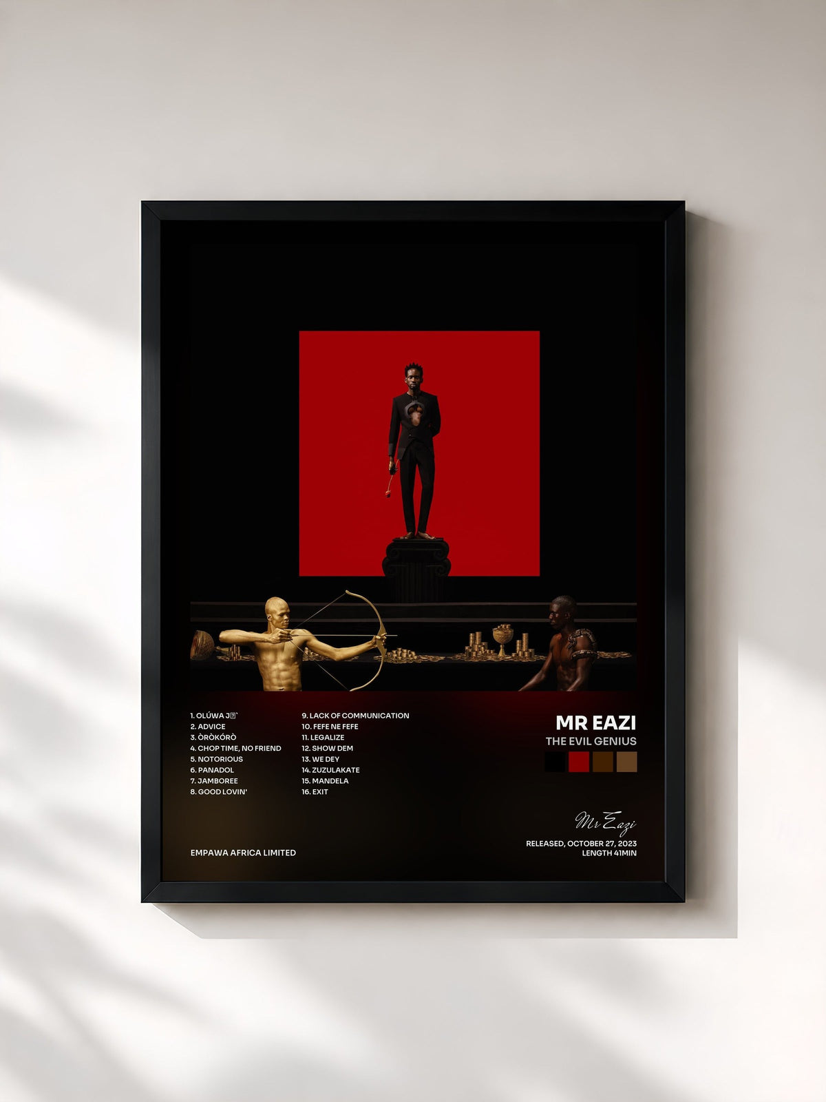 #noir Tableau de l'album The Evil Genius de Mr Eazi, cadre noir, imprimé et encadré en France