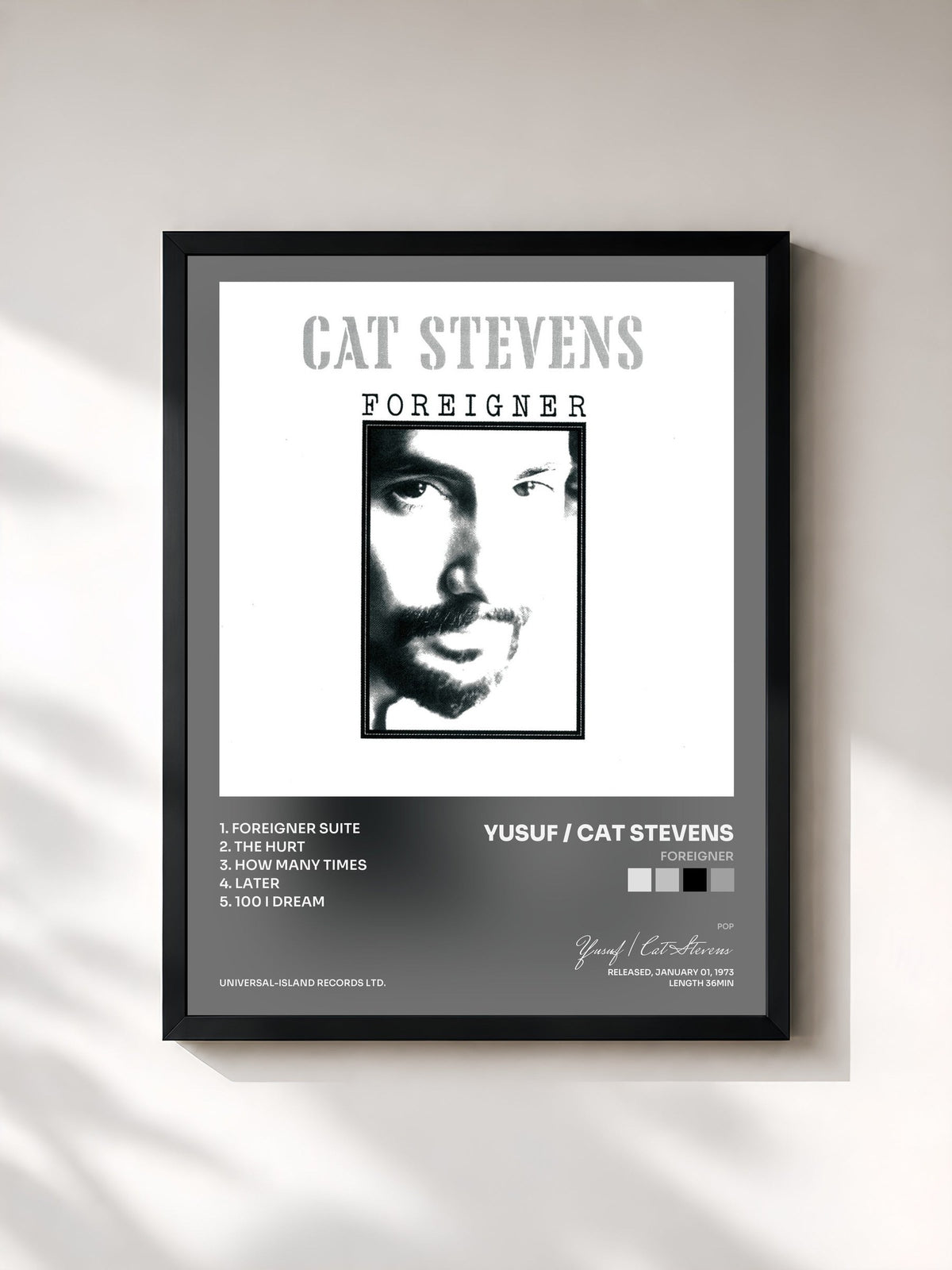 #noir Tableau de l'album Foreigner de Yusuf / Cat Stevens, cadre noir, imprimé et encadré en France
