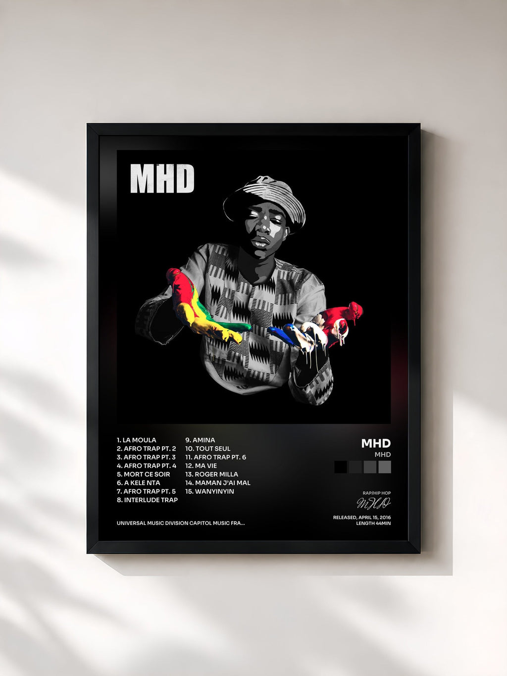 #noir Tableau de l'album MHD de MHD, cadre noir, imprimé et encadré en France