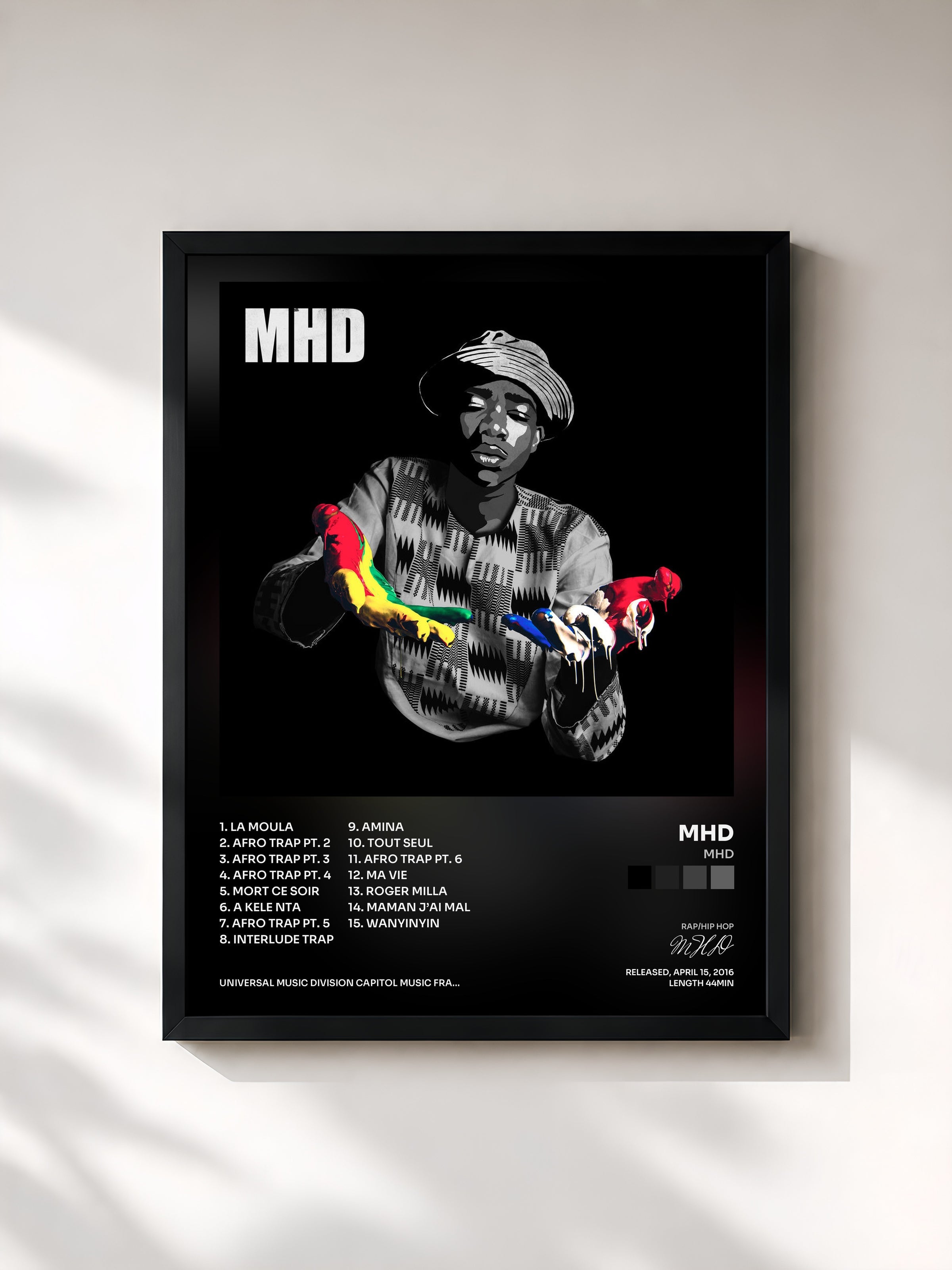 #noir Tableau de l'album MHD de MHD, cadre noir, imprimé et encadré en France