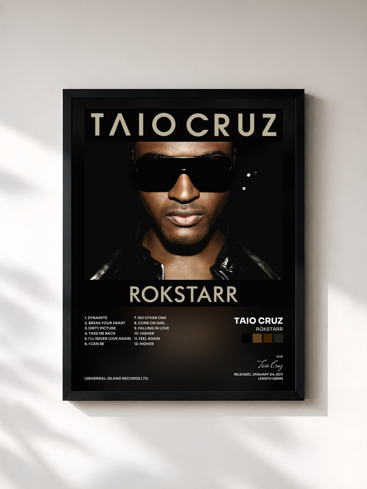 #noir Tableau de l'album Rokstarr de Taio Cruz, cadre noir, imprimé et encadré en France