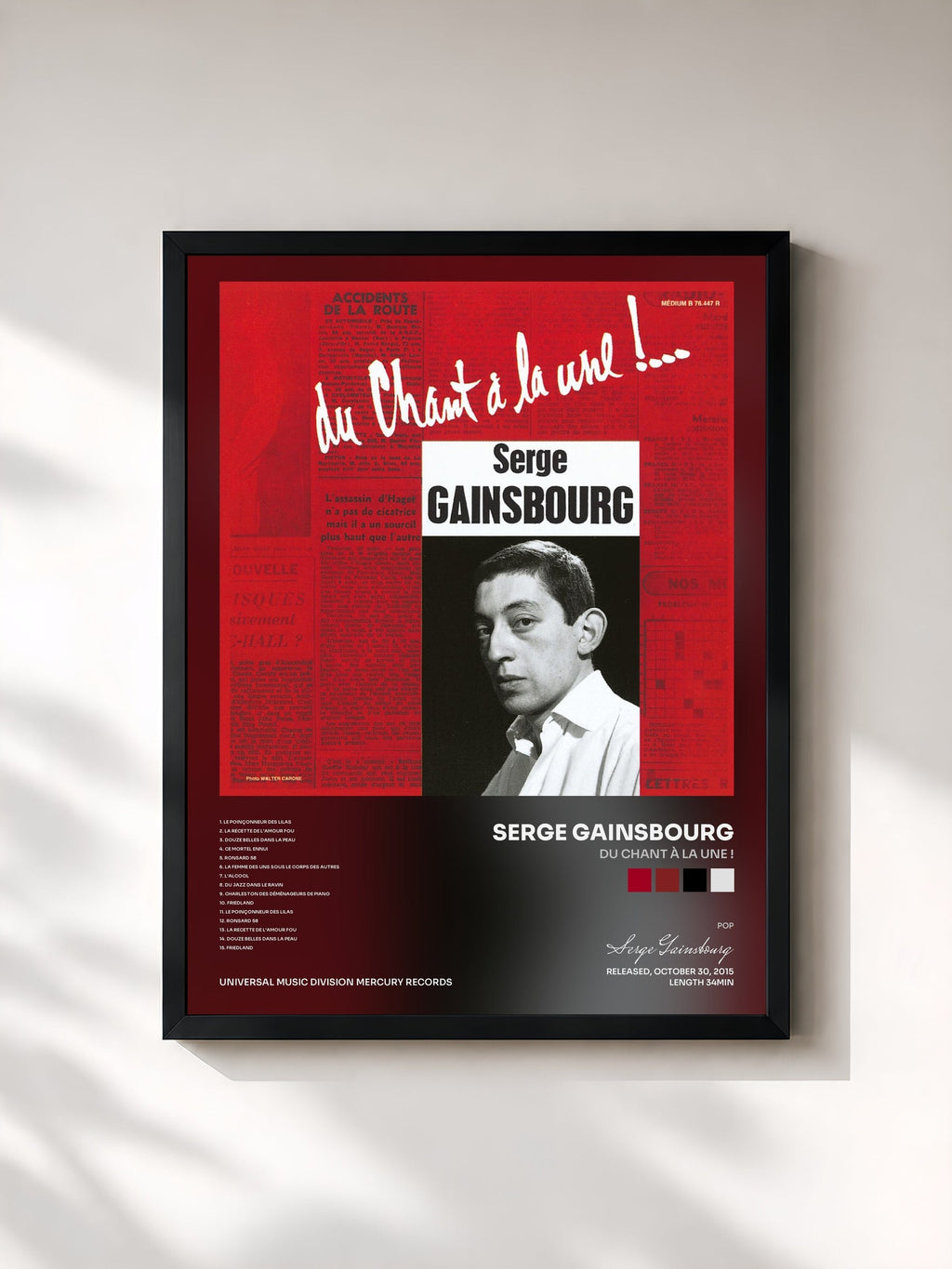 #noir Tableau de l'album Du chant à la une ! de Serge Gainsbourg, cadre noir, imprimé et encadré en France
