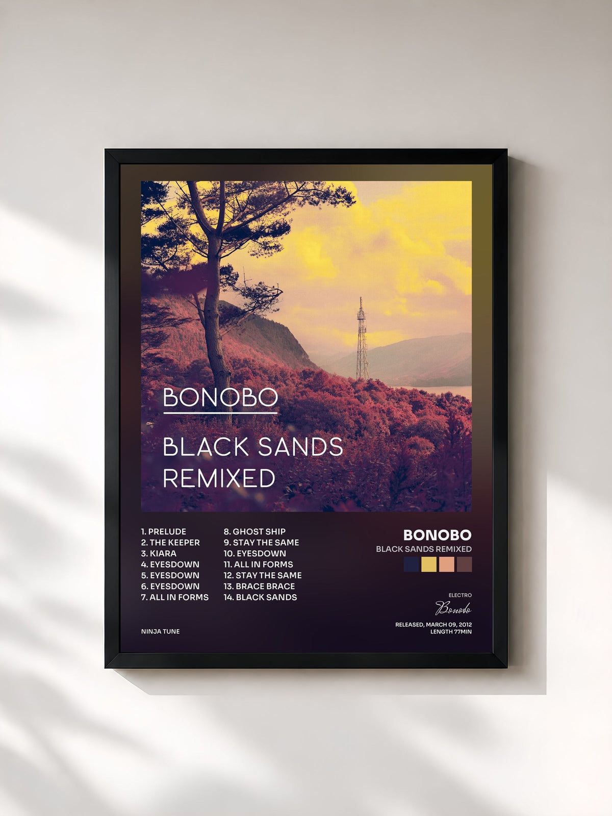 #noir Tableau de l'album Black Sands Remixed de Bonobo, cadre noir, imprimé et encadré en France