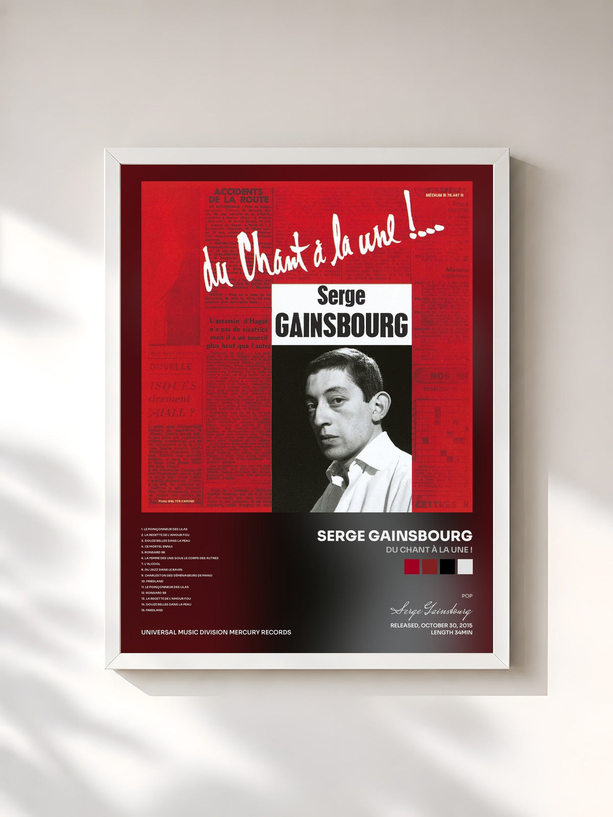 #blanc Tableau de l'album Du chant à la une ! de Serge Gainsbourg, cadre blanc, imprimé et encadré en France
