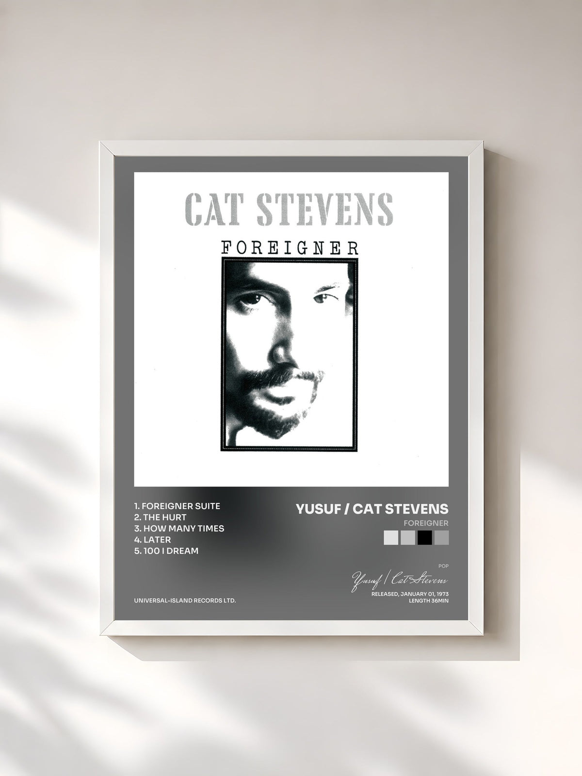 #blanc Tableau de l'album Foreigner de Yusuf / Cat Stevens, cadre blanc, imprimé et encadré en France